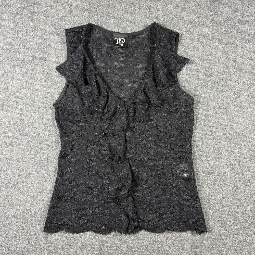 VTG 80s Mesh Lacey Babydoll Top V Neck Sheer Stretch TD4 by Electra Black Large